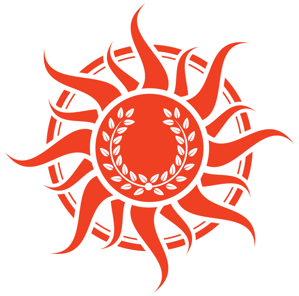 The Icon - Reddish orange sun with laurel wreath in centre.